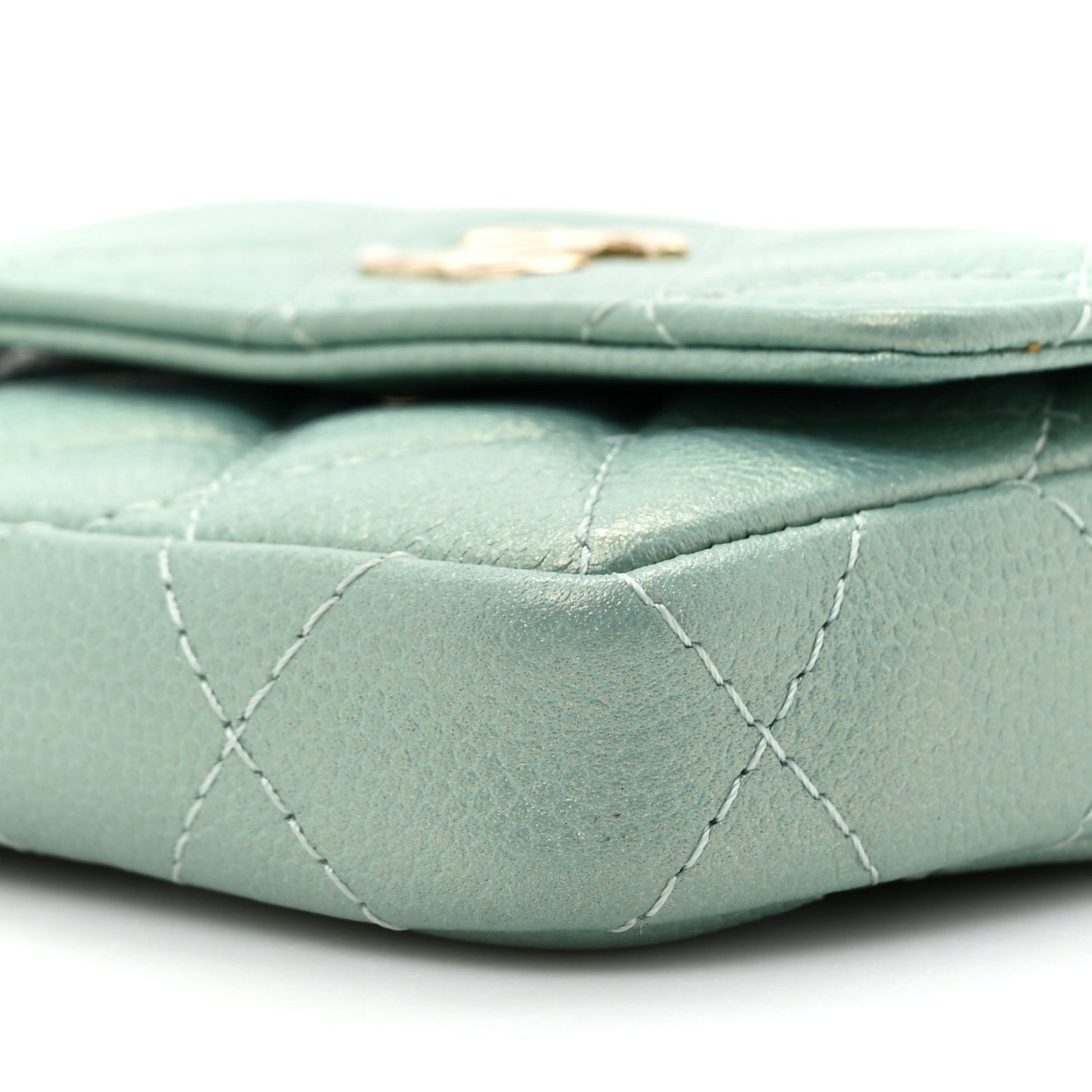 Iridescent Caviar Quilted Pearl On Top Coin Purse With Chain Light Green