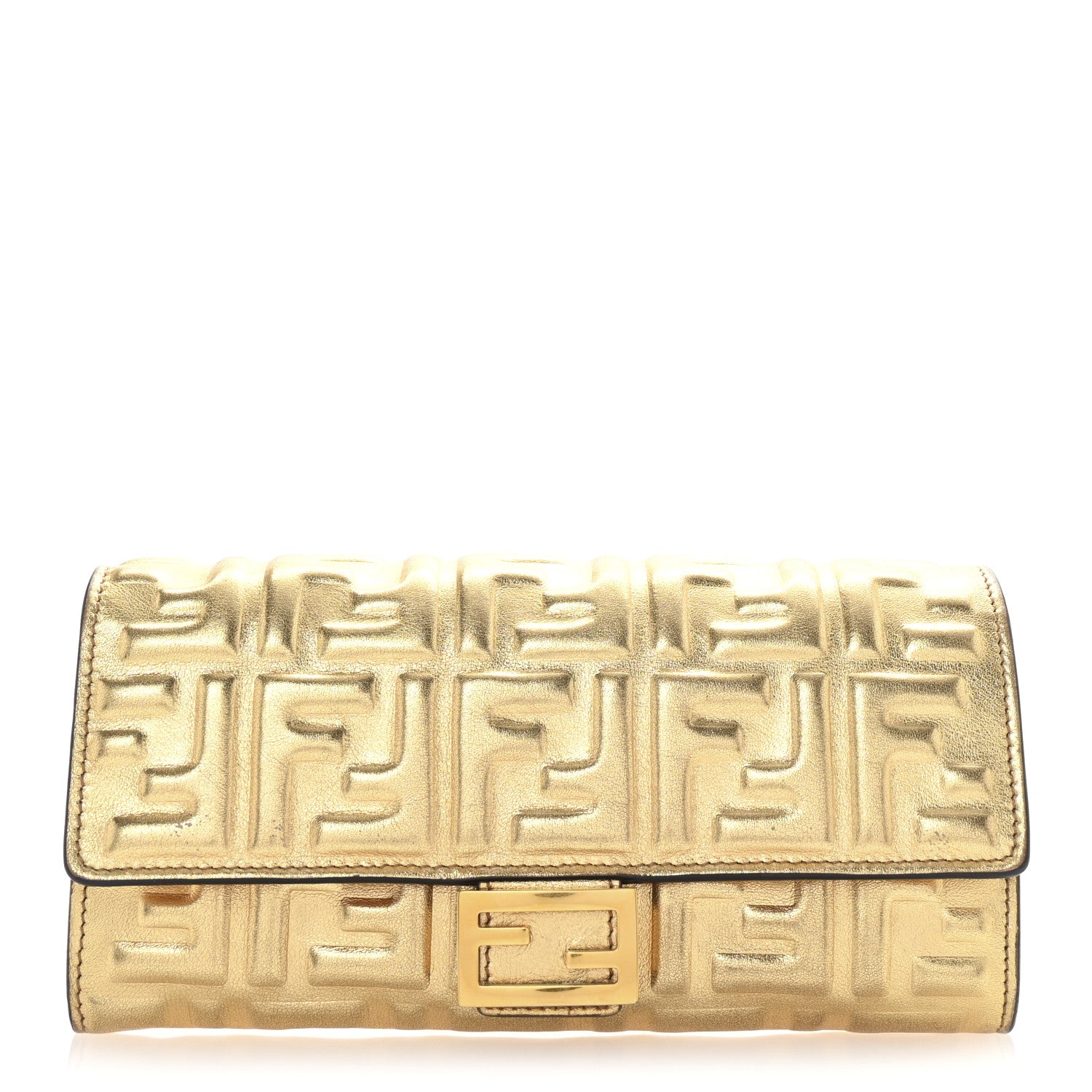 Fendi Vitello Catalan Mirror FF 1974 Embossed Continental Wallet Gold 1 of 7
