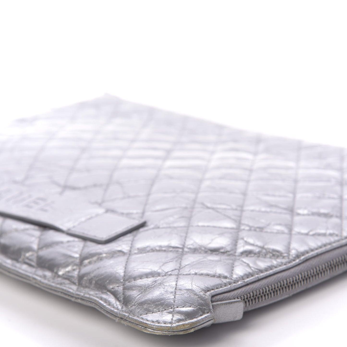 Metallic Crumpled Calfskin Quilted Large Slide Pouch Silver