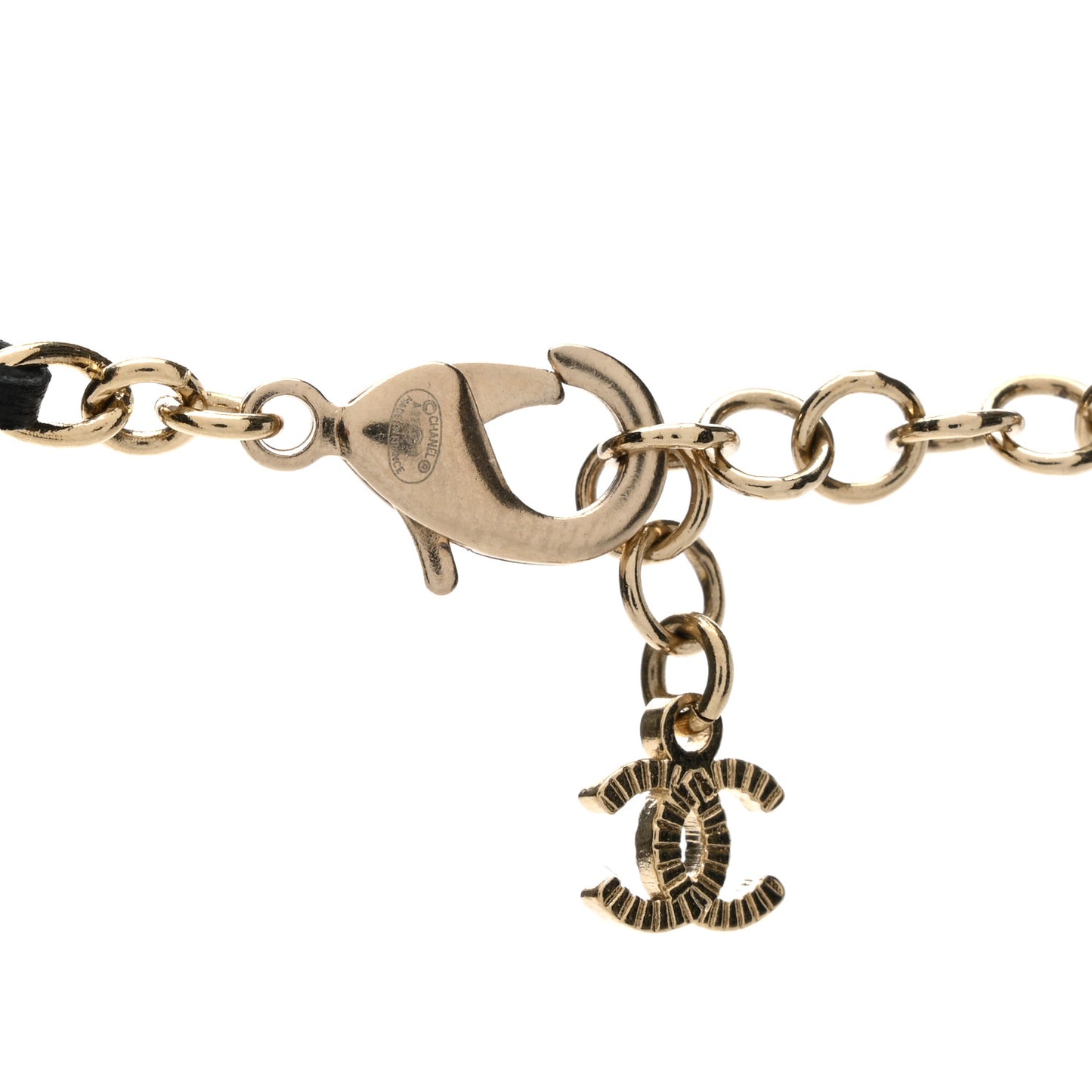 Metal Calfskin Crystal Double CC Short Necklace Black Gold