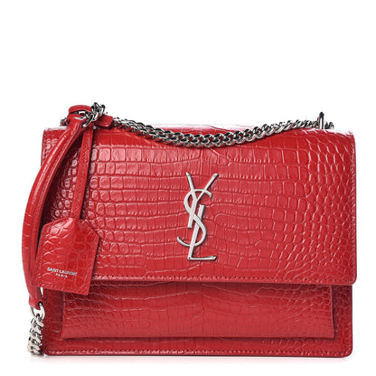 Saint Laurent Calfskin Crocodile Embossed Medium Monogram Sunset Rouge Eros 1 of 10