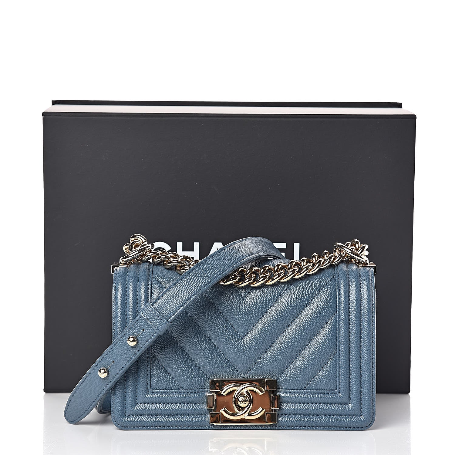 Chanel Caviar Chevron Quilted Small Boy Flap Blue 10 of 10
