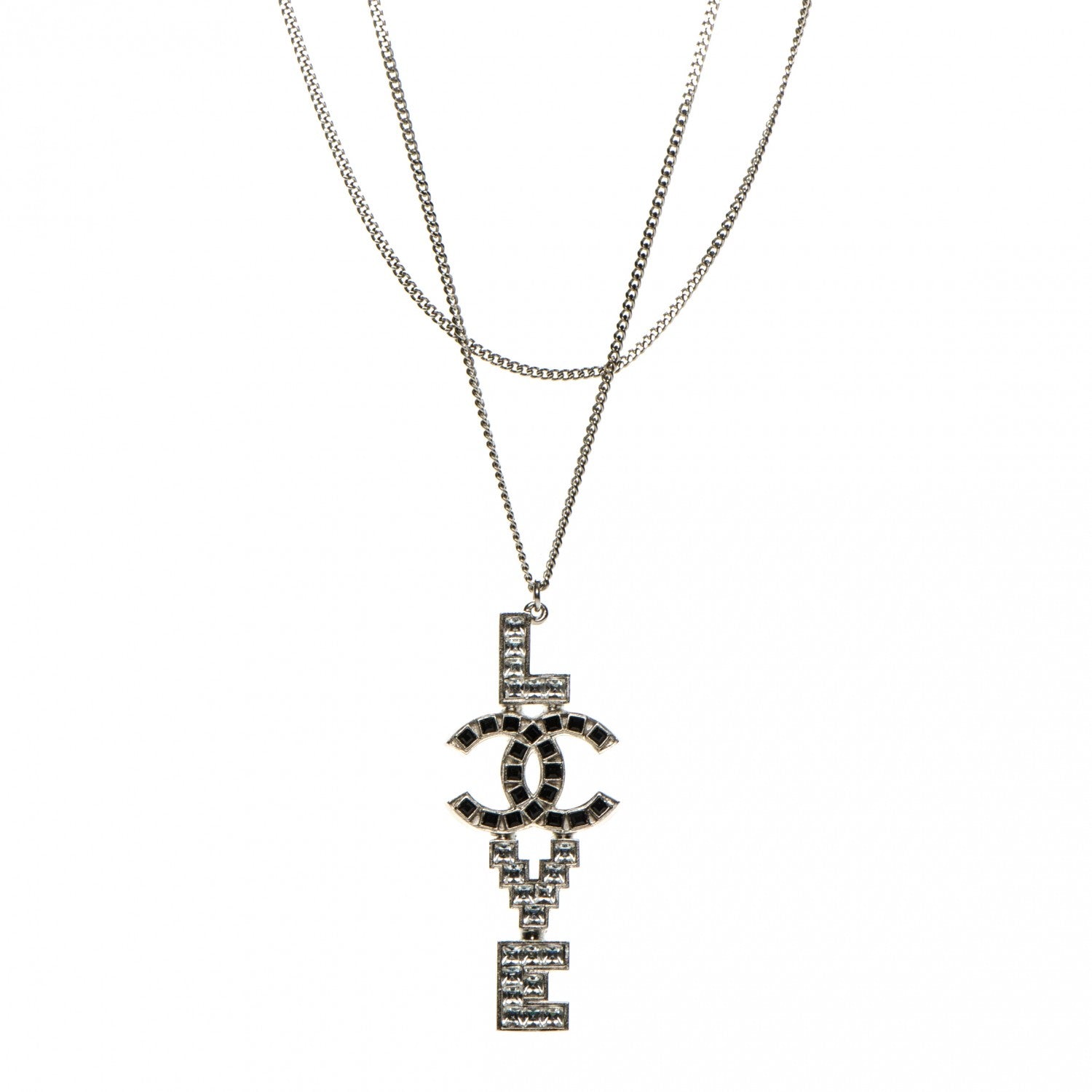 Chanel Crystal Love CC Pendant Necklace Silver Black 1 of 5