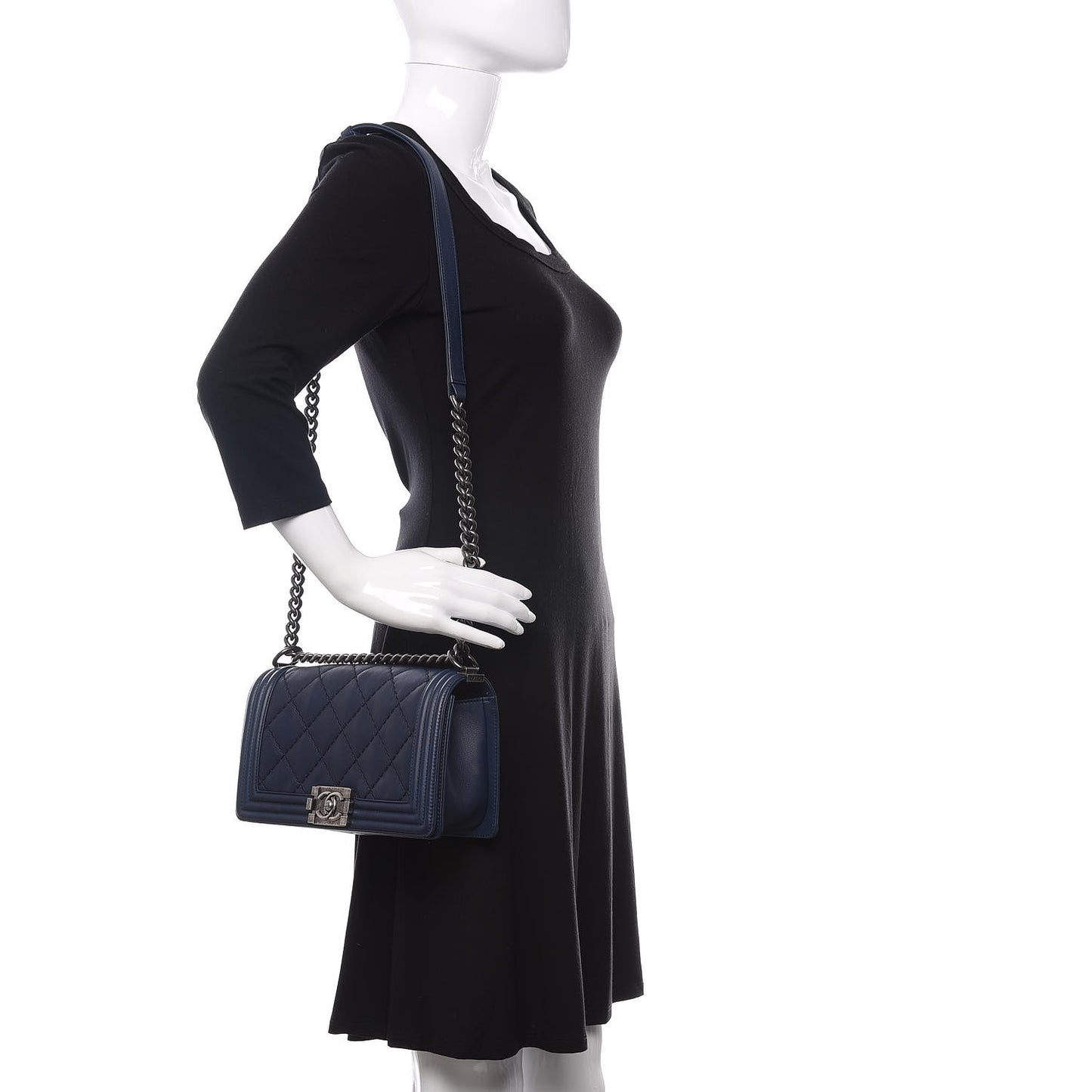 Calfskin Double Stitch Medium Boy Flap Navy Blue