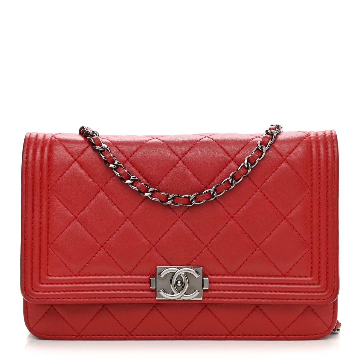 Lambskin Quilted Boy Wallet On Chain WOC Red