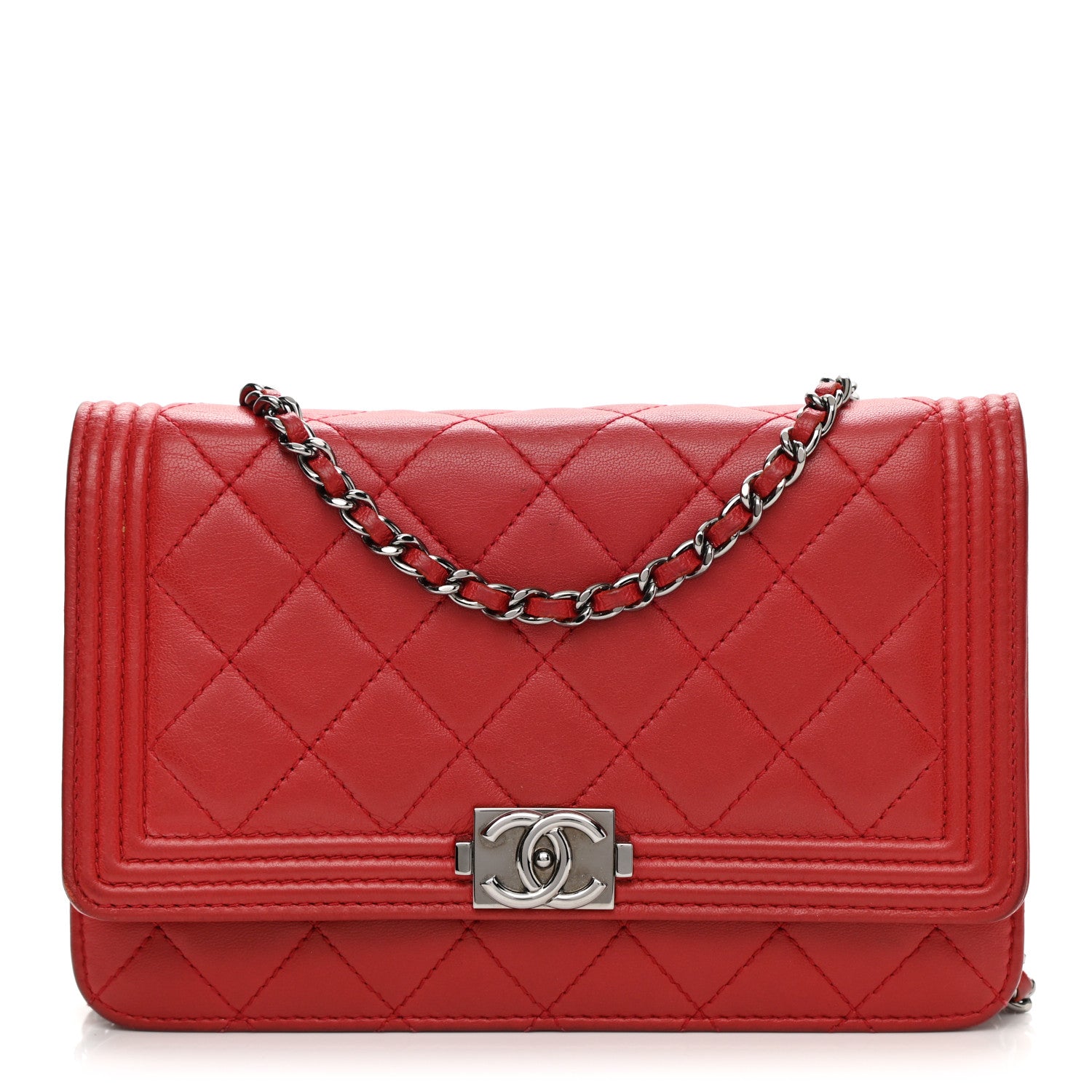 Chanel Lambskin Quilted Boy Wallet On Chain WOC Red 1 of 16