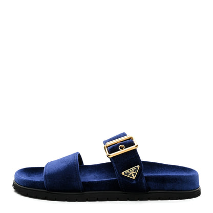Prada Velvet Metal Triangle Logo Womens Double Buckle 20mm Slide Sandals 39 Bleu 1 of 10