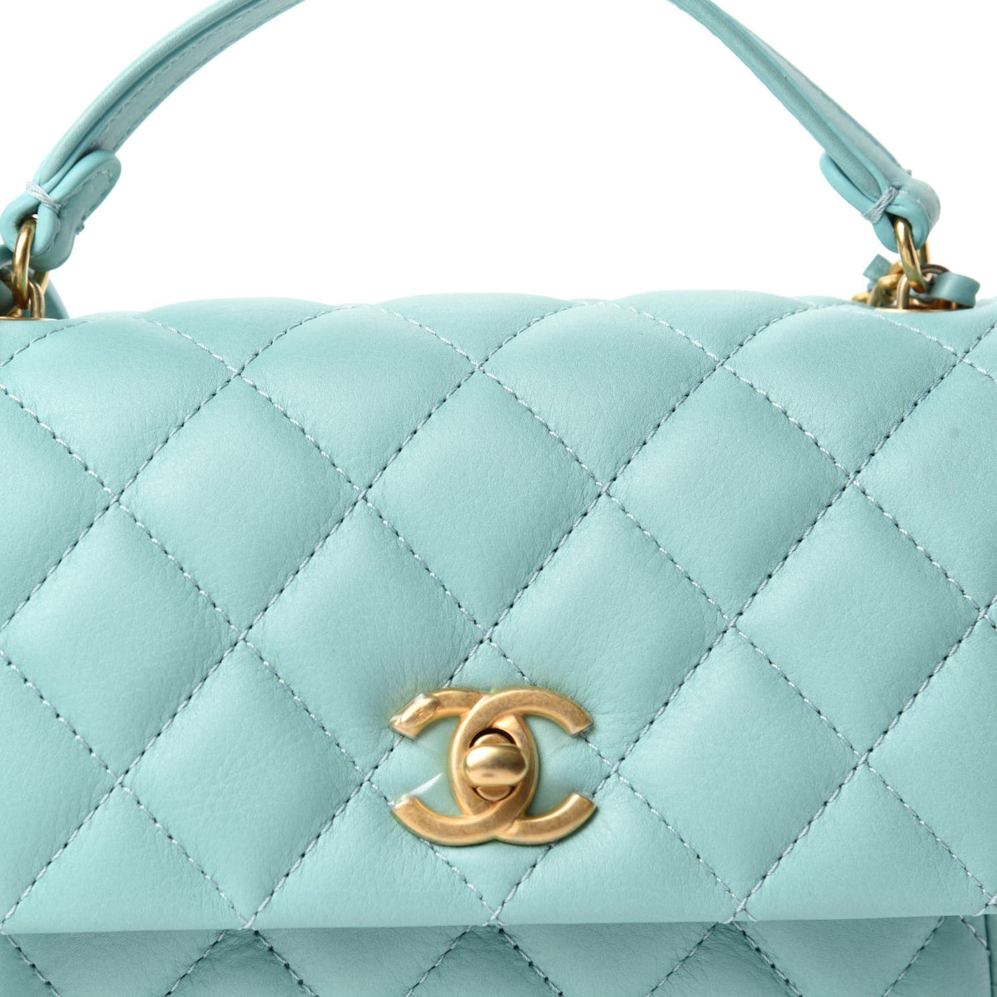 Calfskin Quilted Top Handle Flap Light Blue