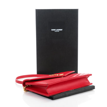 Saint Laurent Grain De Poudre Matelasse Chevron Monogram Envelope Chain Wallet New Red 4 of 7