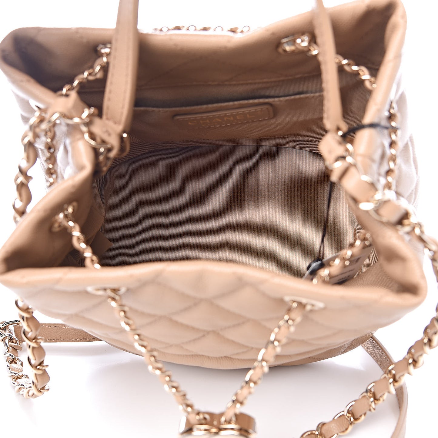 Caviar Quilted Rolled Up Bucket Drawstring Bag Beige