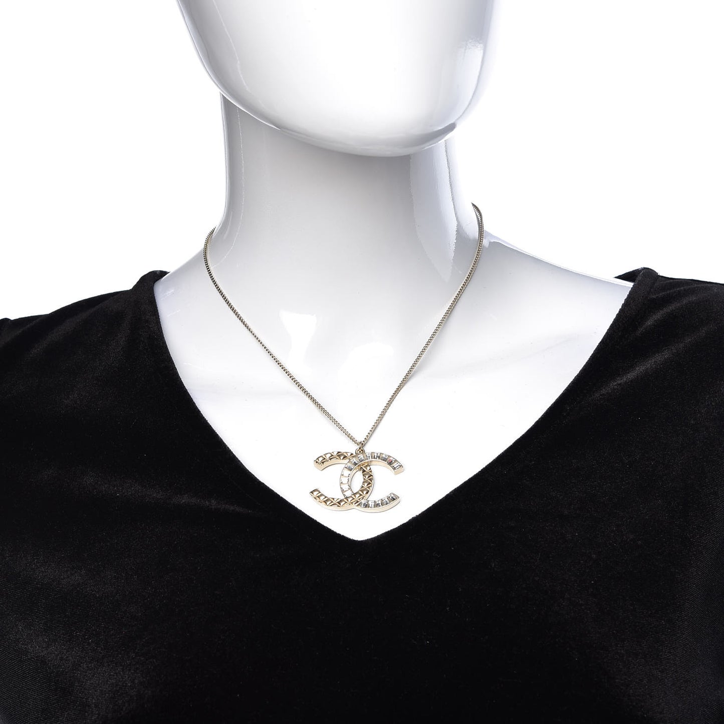 Baguette Crystal Quilted CC Pendant Necklace Gold
