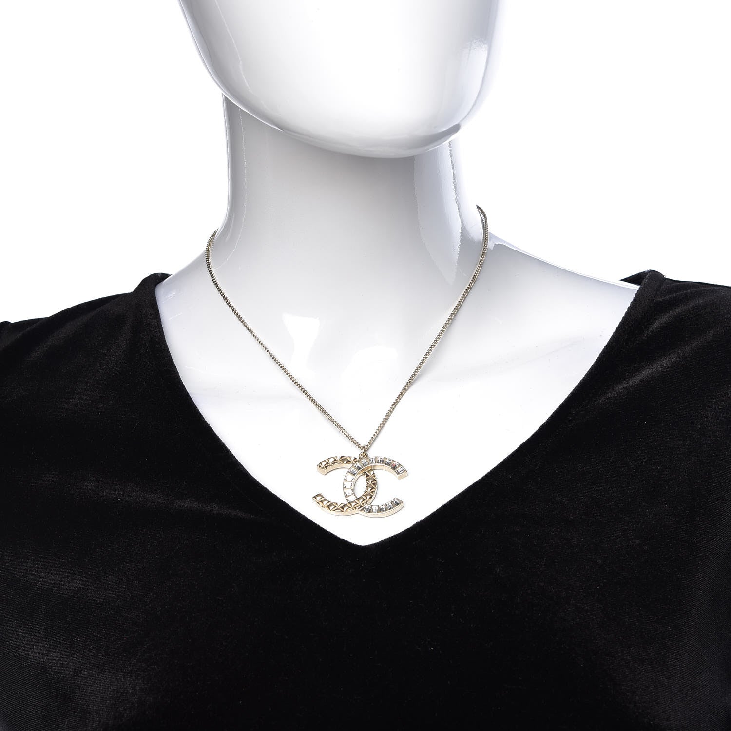 Chanel Baguette Crystal Quilted CC Pendant Necklace Gold 2 of 7