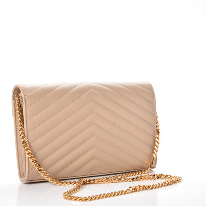 Saint Laurent Grain De Poudre Matelasse Chevron Monogram Chain Wallet Nude Powder 3 of 7
