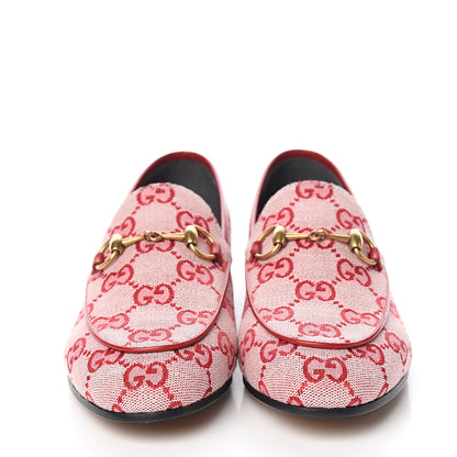 Gucci Canvas GG Monogram Horsebit Womens Jordaan Loafers 34 Gardenia Hibiscus Red 2 of 9