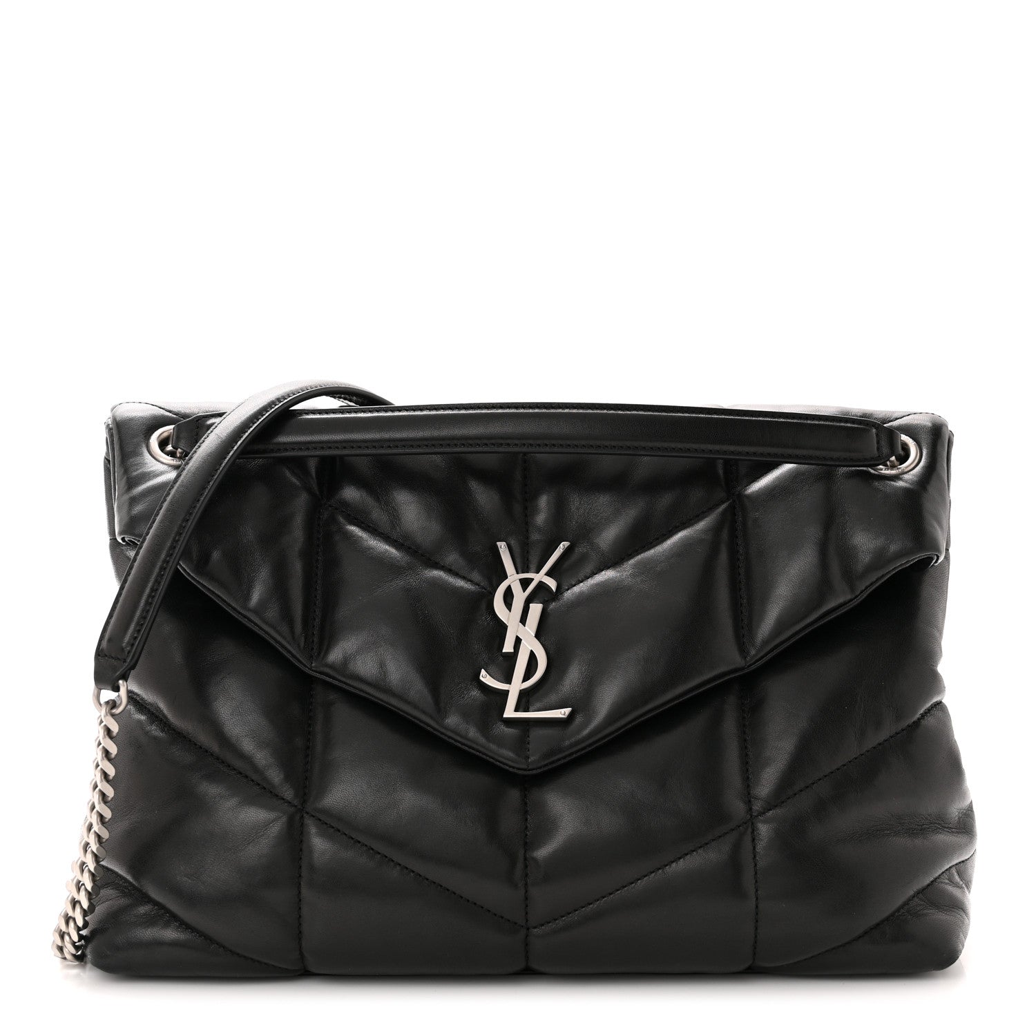 Saint Laurent Lambskin Quilted Medium Loulou Puffer Monogram Chain Satchel Black 1 of 10