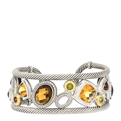 David Yurman Sterling Silver 18K Yellow Gold Diamond Multi Gemstone Mosaic Cuff Bracelet 1 of 4