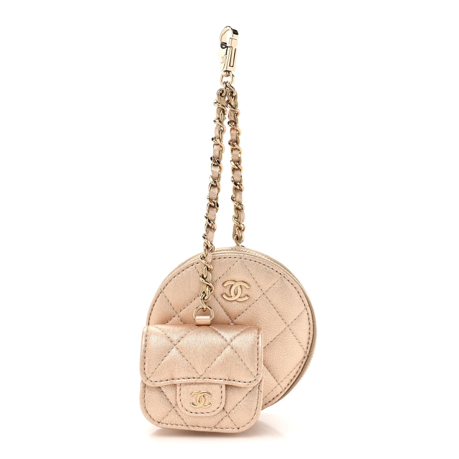 Chanel Metallic Lambskin Quilted Round Clip On Coin Purse Airpods Case Gold 1 of 10