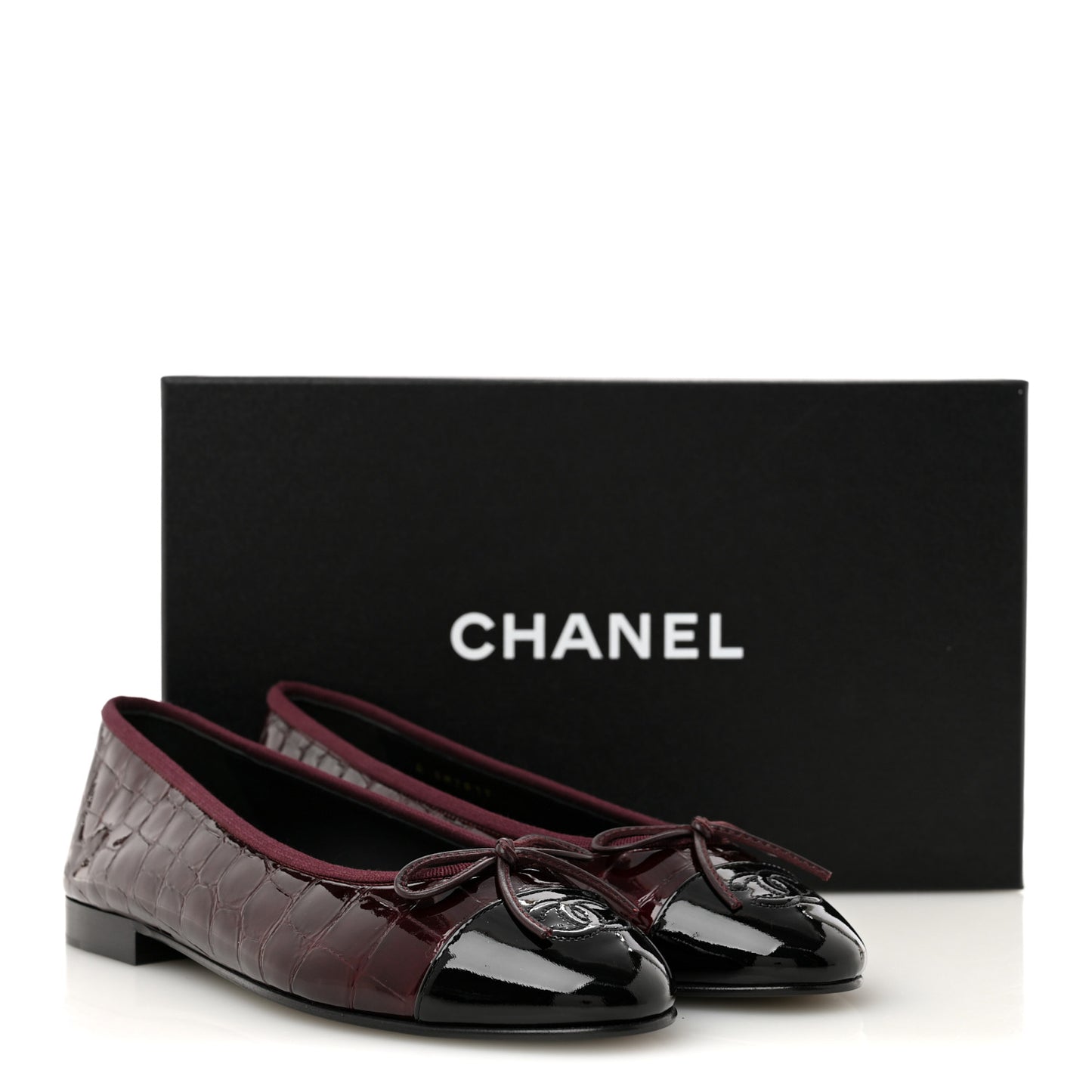 Patent Calfskin Crocodile Embossed Ballerina Flats 38 Dark Burgundy Black