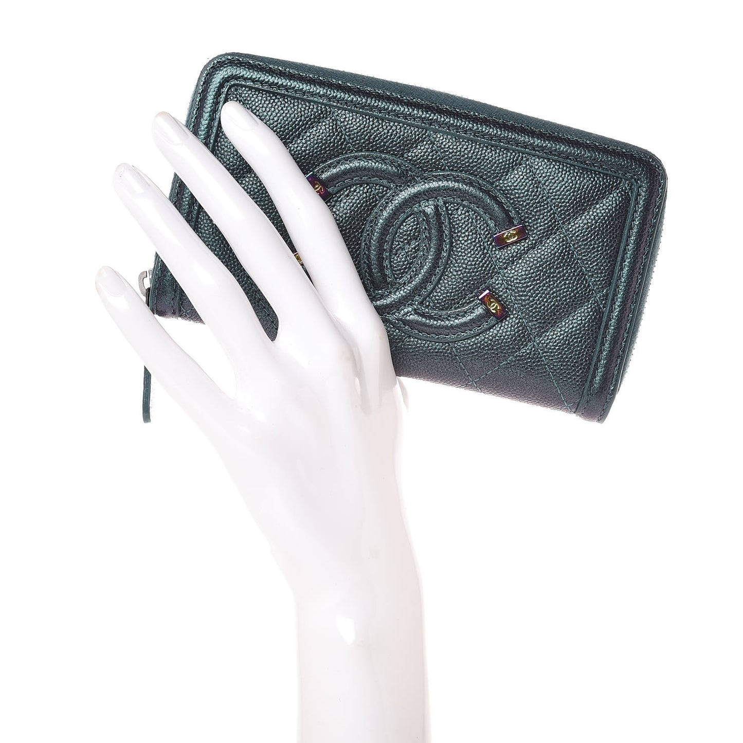 Iridescent Caviar Quilted Medium Filigree Zip Around Wallet Dark Turquoise