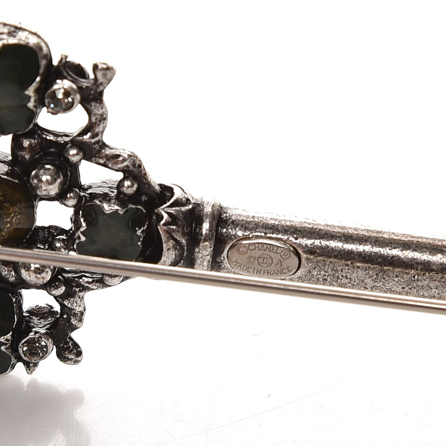 Gripoix Poured Glass Crystal Key Brooch Grey Green