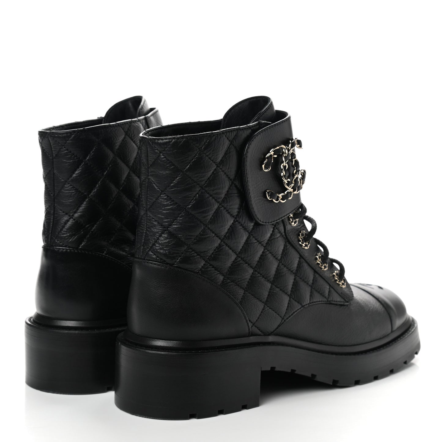 Shiny Goatskin Calfskin Quilted Lace Up Combat Boots 40 Black