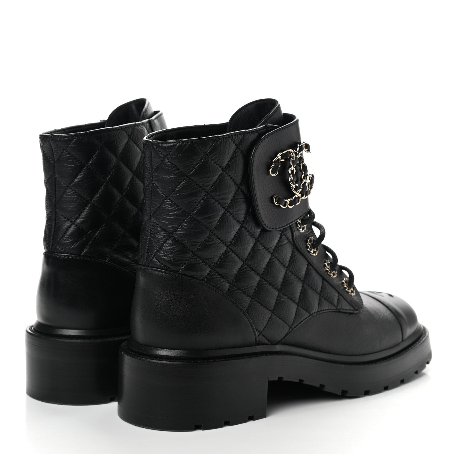 Chanel Shiny Goatskin Calfskin Quilted Lace Up Combat Boots 40 Black 4 of 9