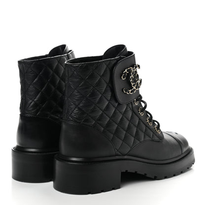 Chanel Shiny Goatskin Calfskin Quilted Lace Up Combat Boots 40 Black 4 of 9
