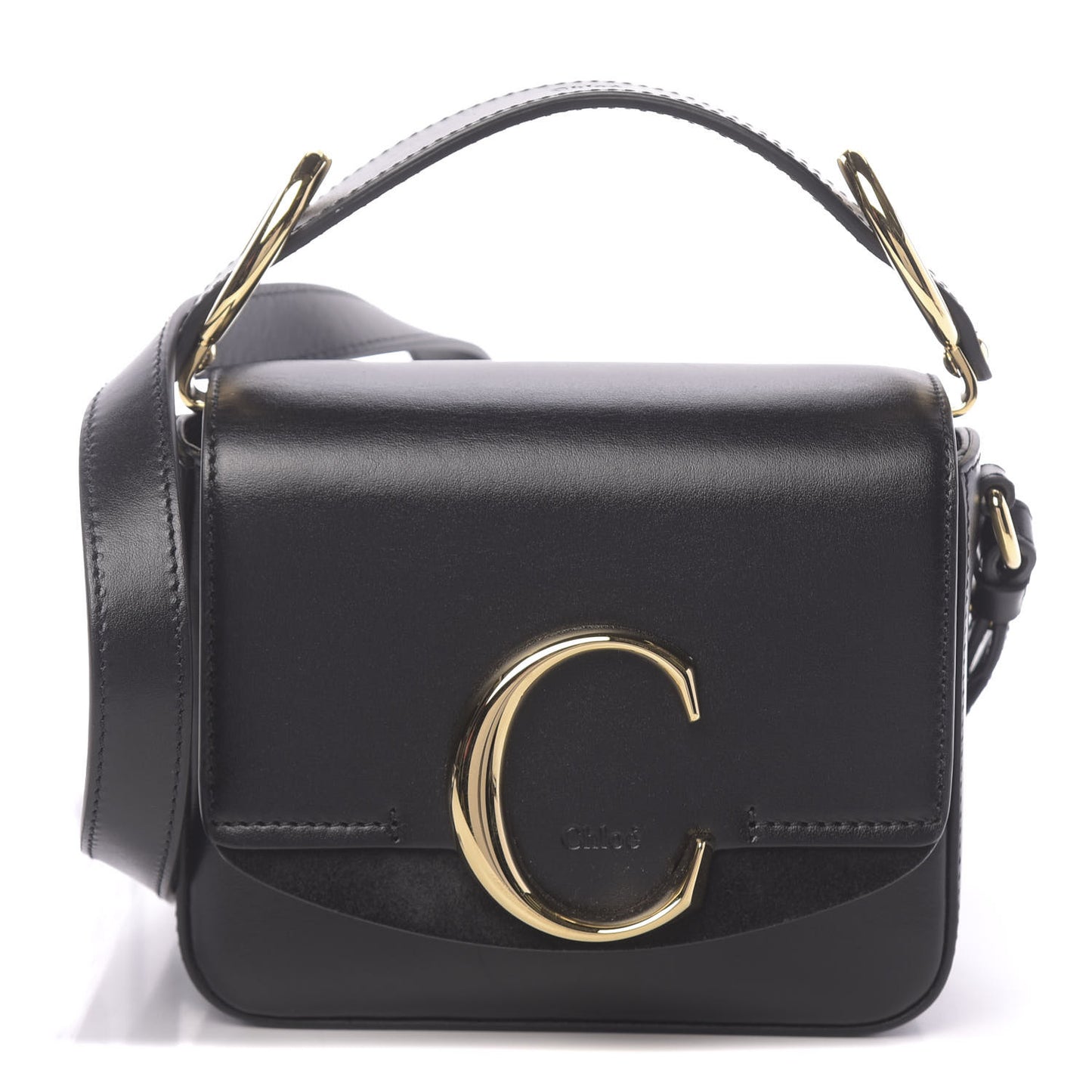 Shiny Calfskin Suede Mini C Double Carry Black