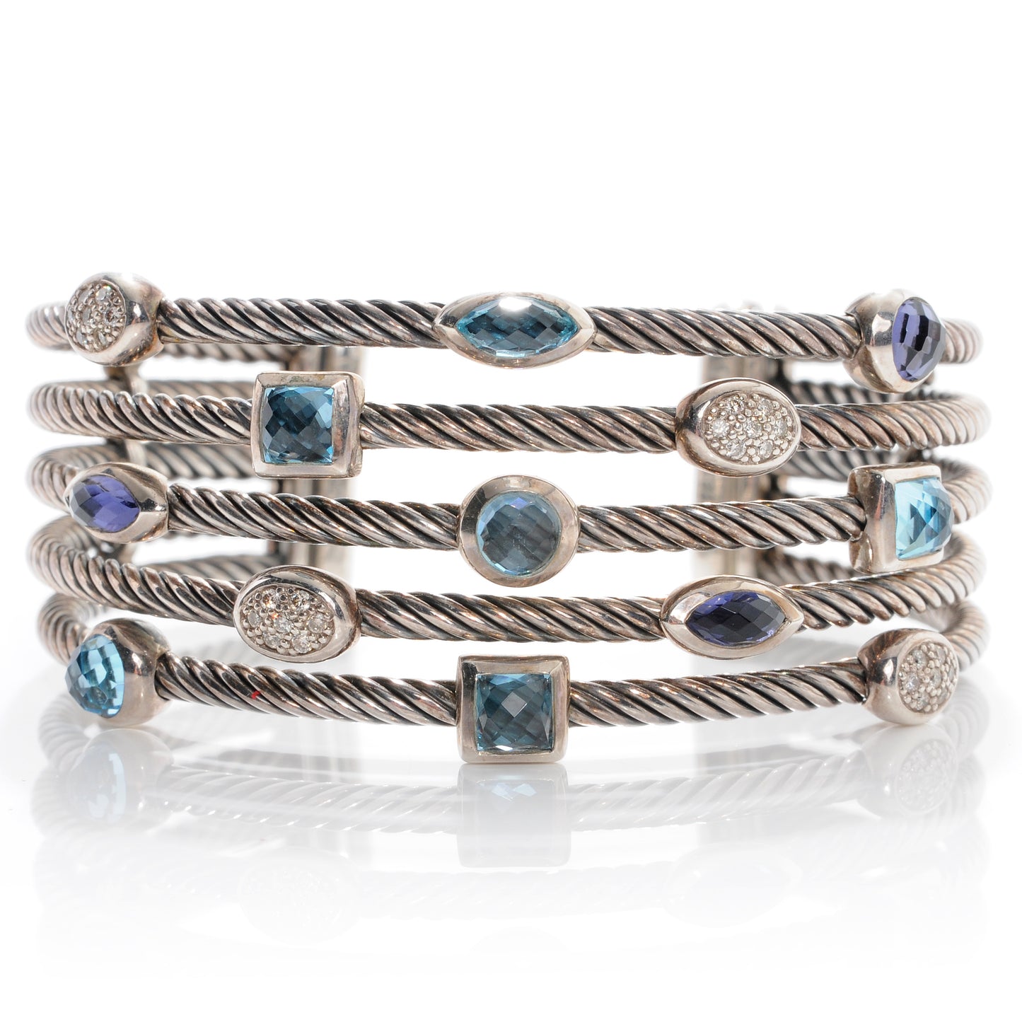 Sterling Silver Diamond Blue Topaz Iolite Confetti Five Row Bracelet