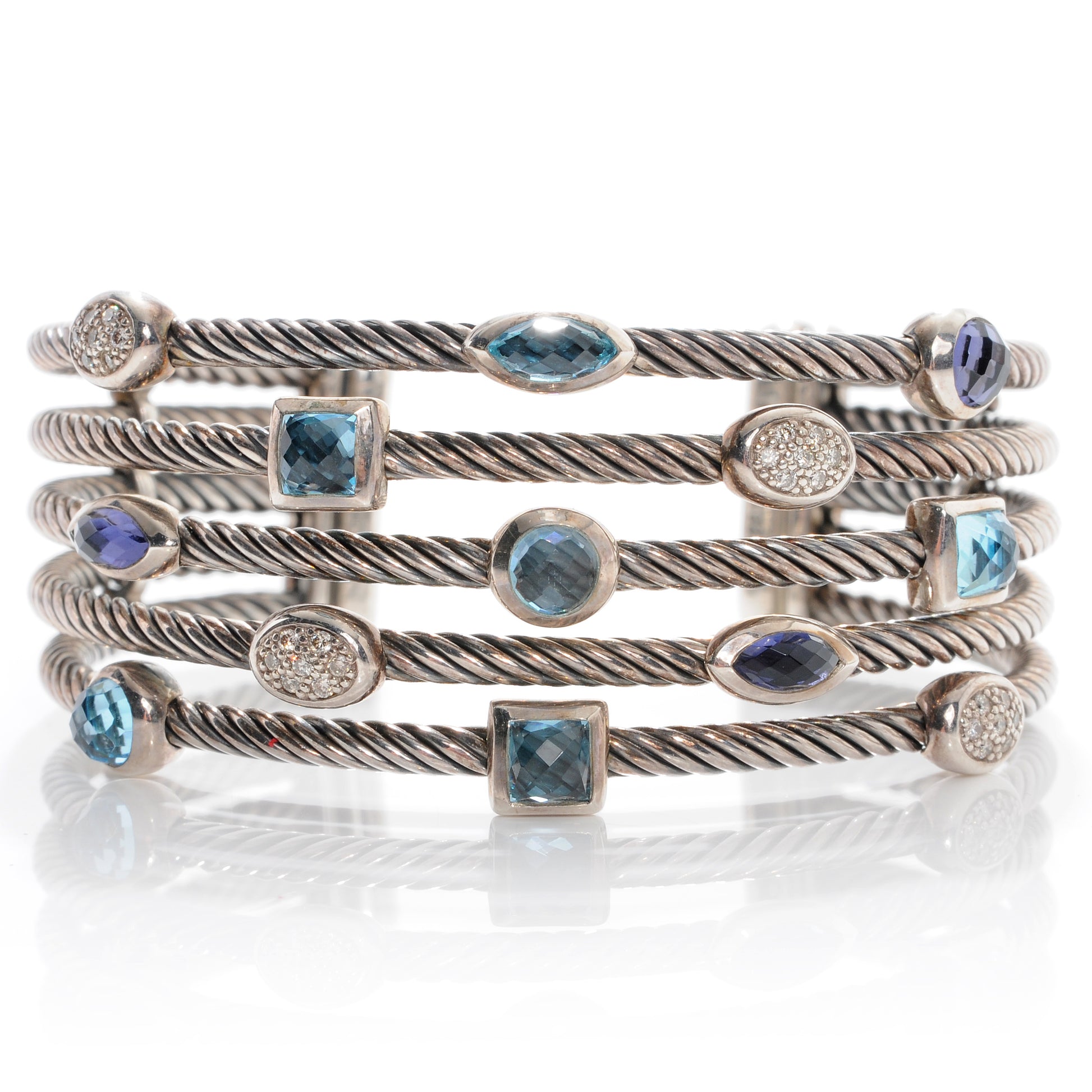 David Yurman Sterling Silver Diamond Blue Topaz Iolite Confetti Five Row Bracelet 1 of 7