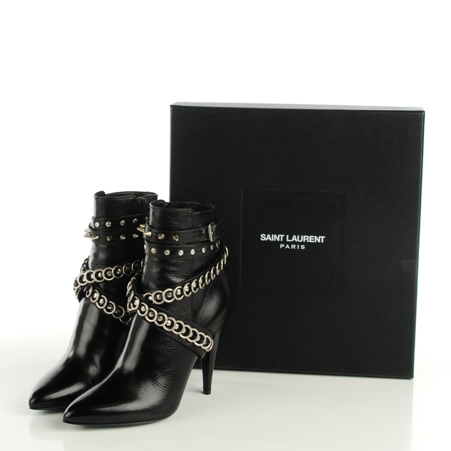 Shiny Calfskin Multi-Studded Strap Fetish 105 Ankle Boots 36 Black