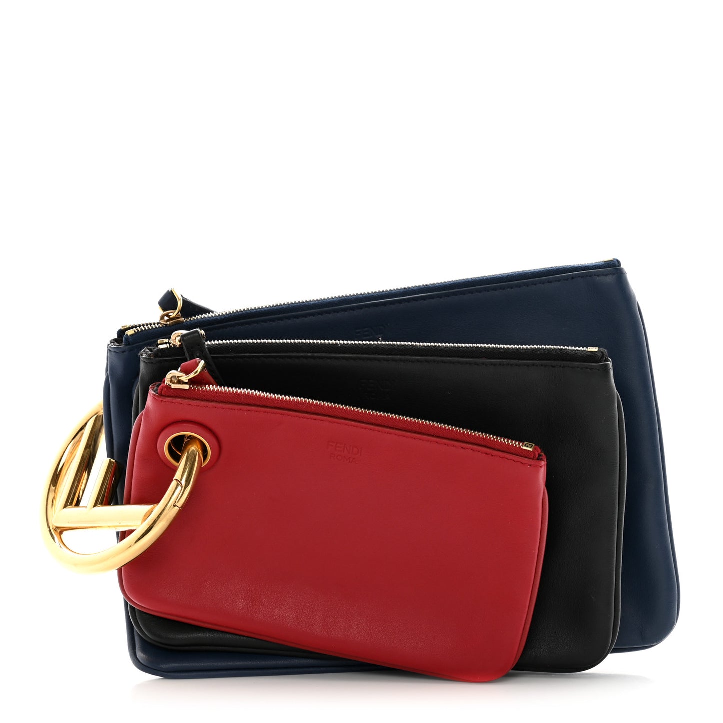 Vitello Century Opaco F is Fendi Tri-Color Triplette Pouch Set Fragola Black Blu Scuro