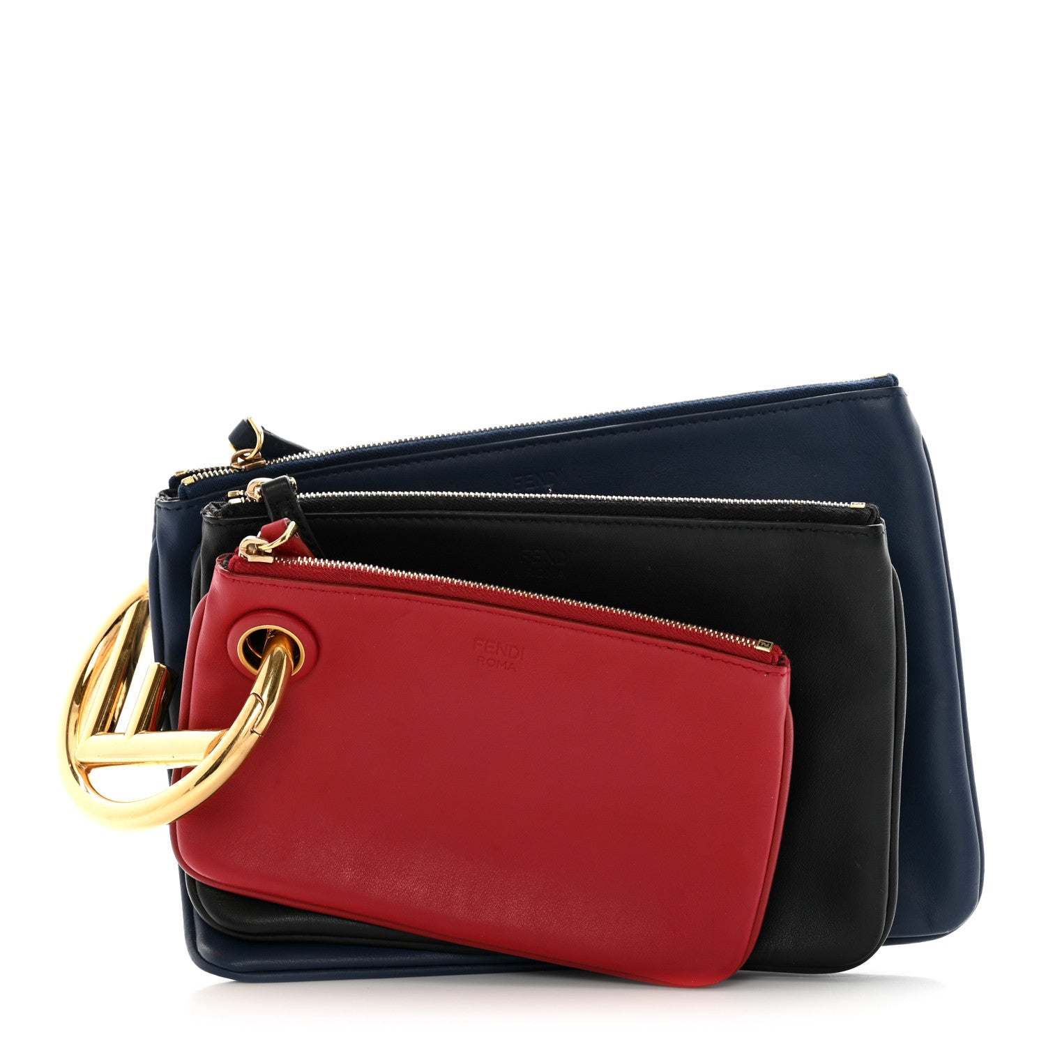 Fendi Vitello Century Opaco F is Fendi Tri-Color Triplette Pouch Set Fragola Black Blu Scuro 1 of 10