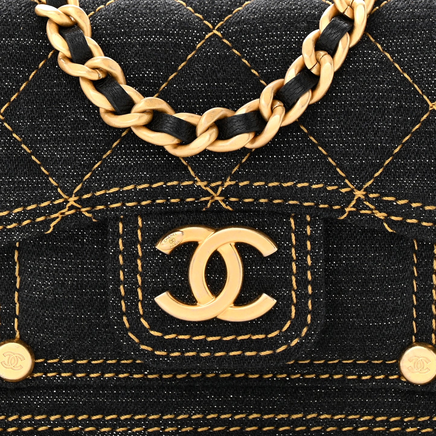 Denim Quilted Double You Card Holder On Chain Black Golden