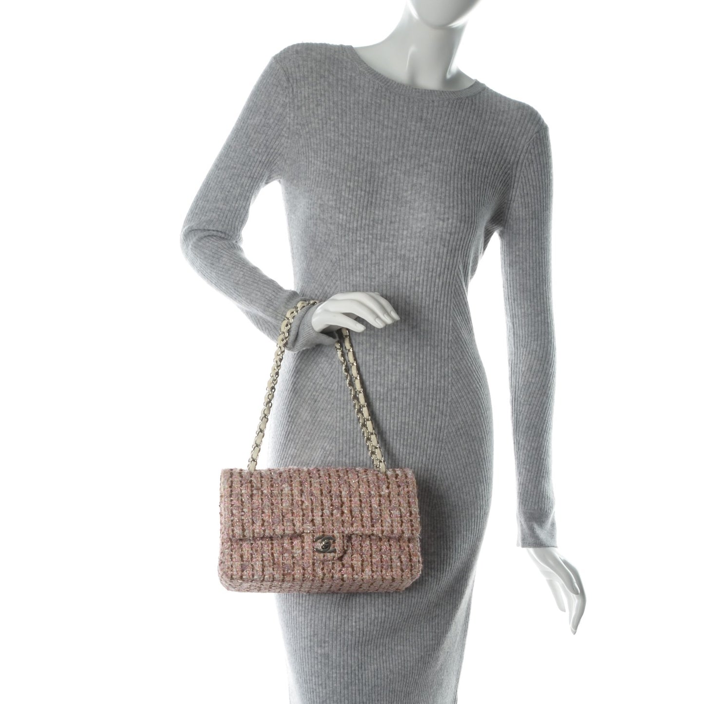 Tweed Quilted Medium Double Flap Pink Gold