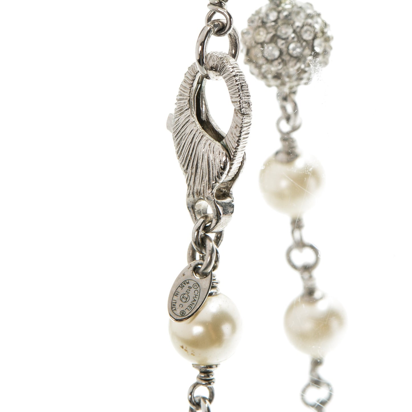 Pearl Crystal Camellia CC Long Necklace Silver