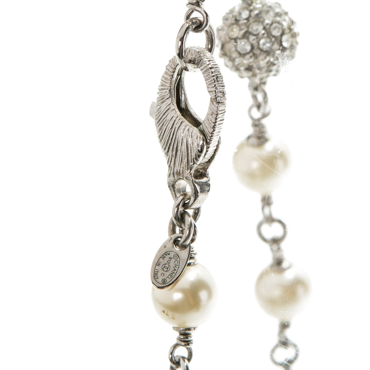 Chanel Pearl Crystal Camellia CC Long Necklace Silver 5 of 6