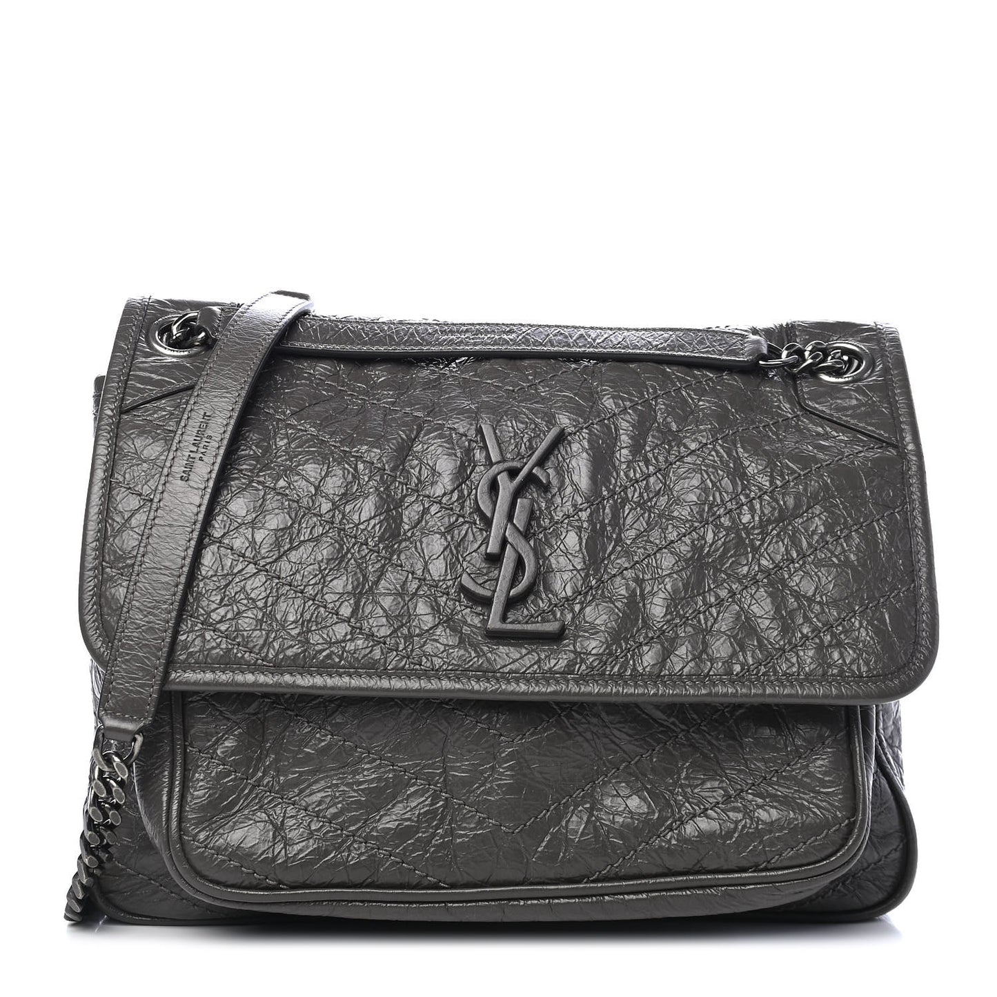 Crinkled Calfskin Matelasse Monogram Medium Niki Chain Satchel Asphalt