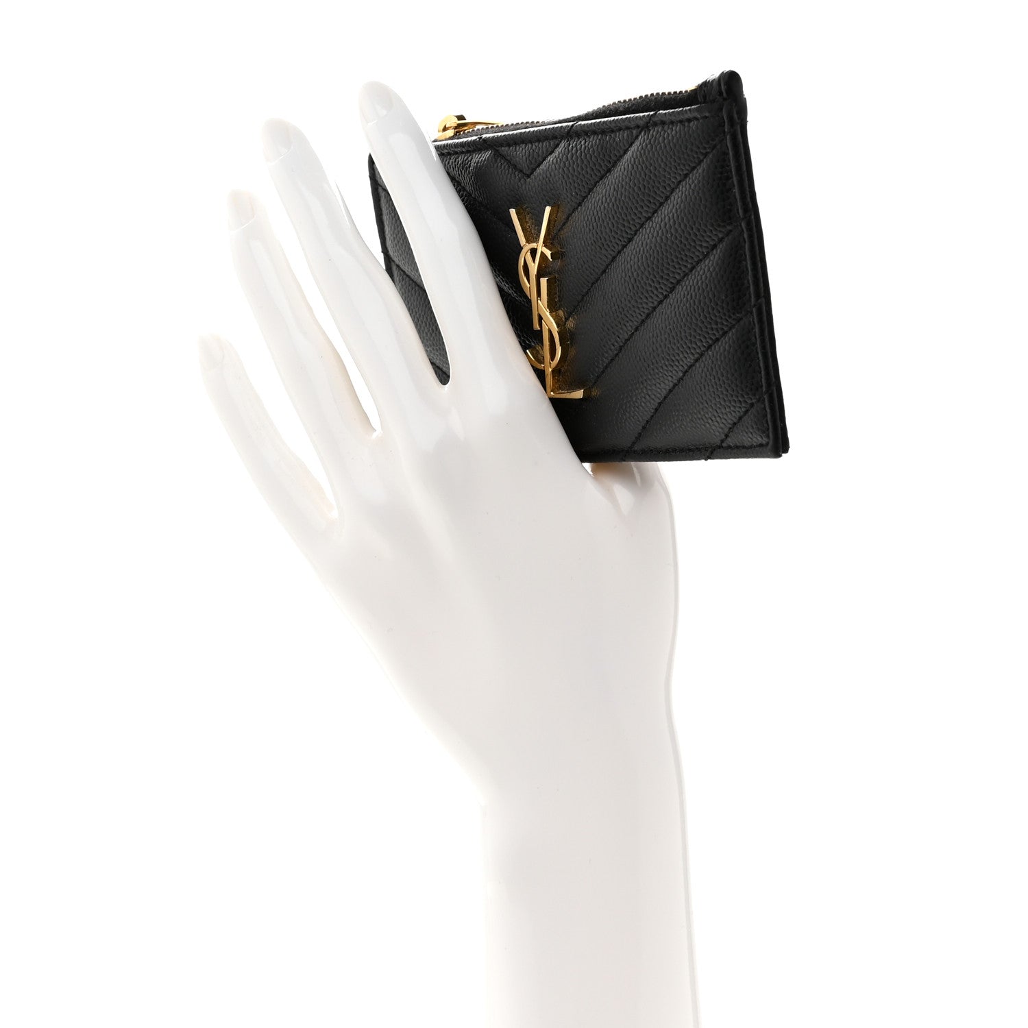 Saint Laurent Grain De Poudre Matelasse Chevron Monogram Fragments Zippered Card Case Black 2 of 8