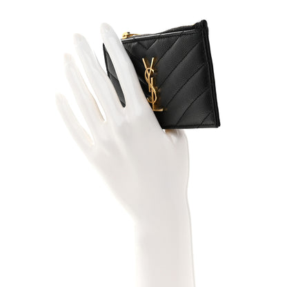 Saint Laurent Grain De Poudre Matelasse Chevron Monogram Fragments Zippered Card Case Black 2 of 8
