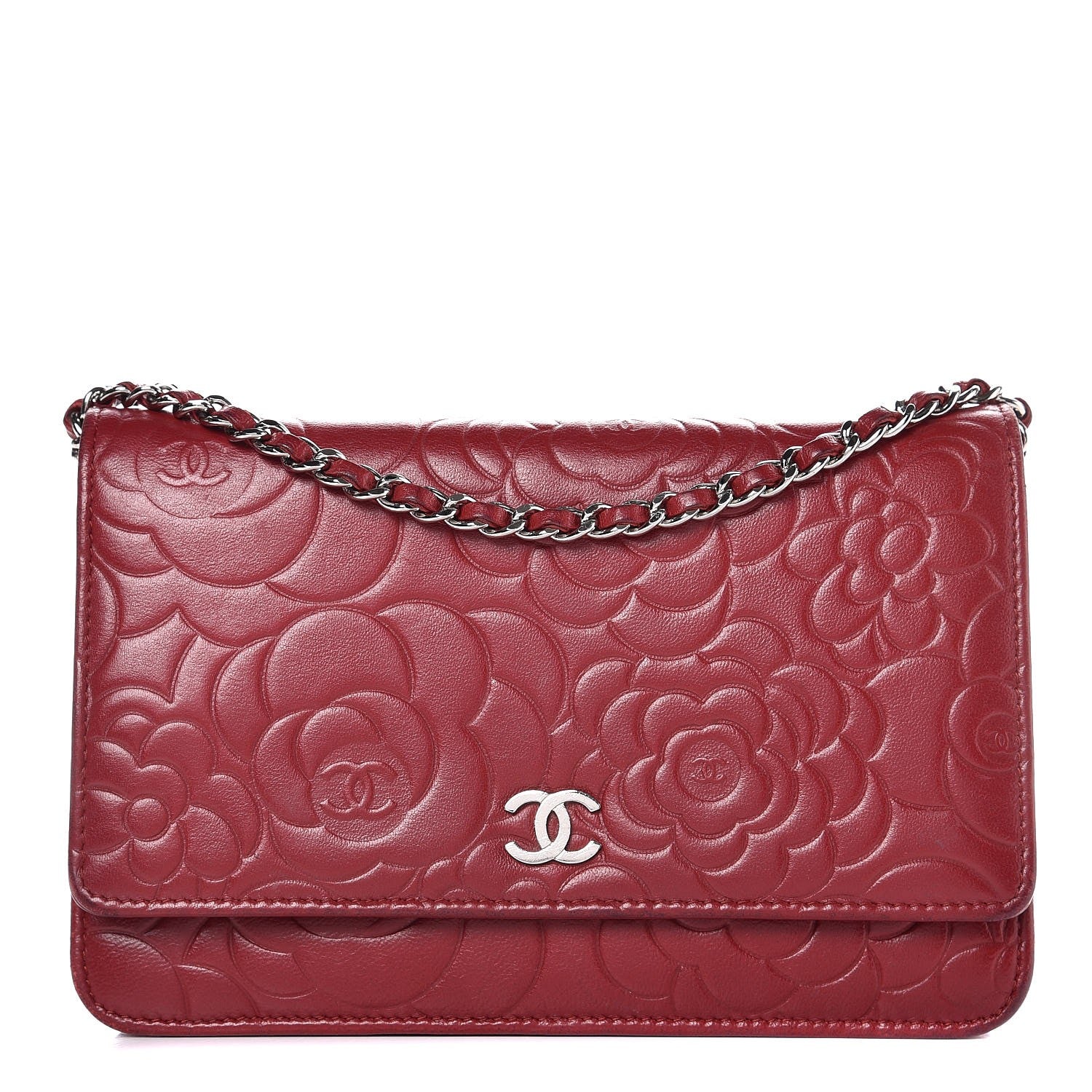 Chanel Lambskin Camellia Embossed Wallet On Chain WOC Dark Red 1 of 14