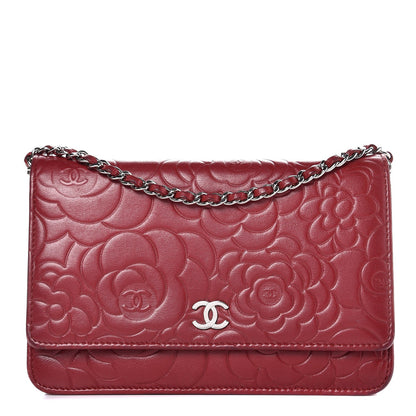 Chanel Lambskin Camellia Embossed Wallet On Chain WOC Dark Red 1 of 14