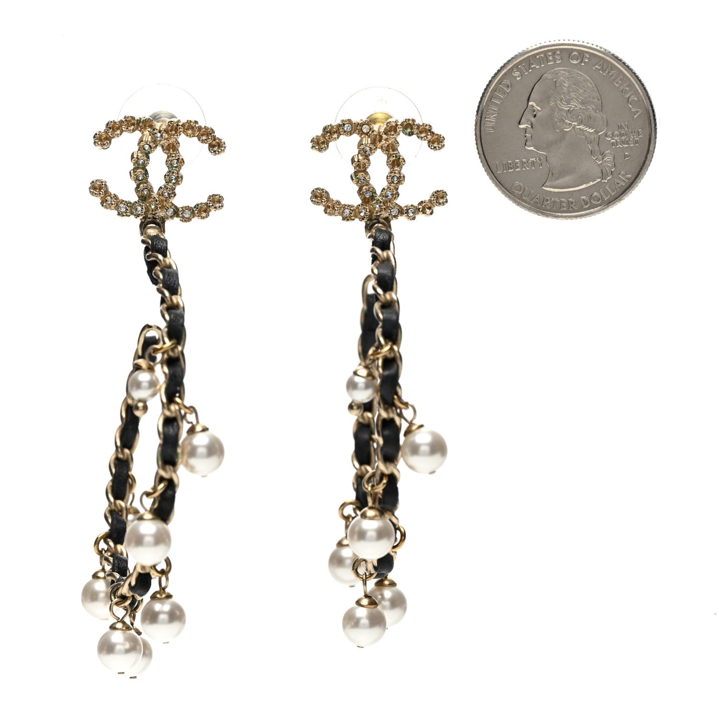 Lambskin Pearl Crystal CC Chain Hoop Earrings Gold Black
