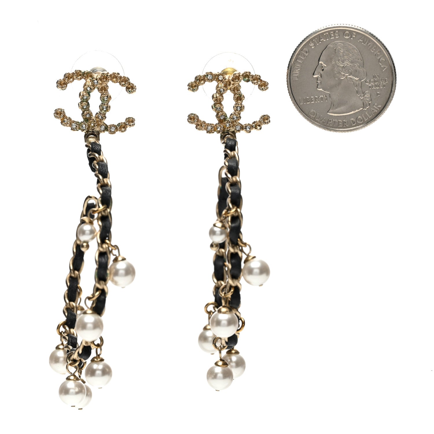 Chanel Lambskin Pearl Crystal CC Chain Hoop Earrings Gold Black 2 of 10