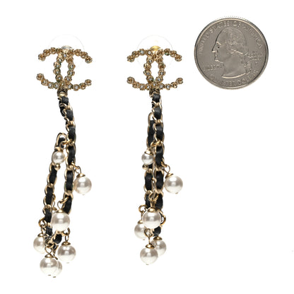 Chanel Lambskin Pearl Crystal CC Chain Hoop Earrings Gold Black 2 of 10