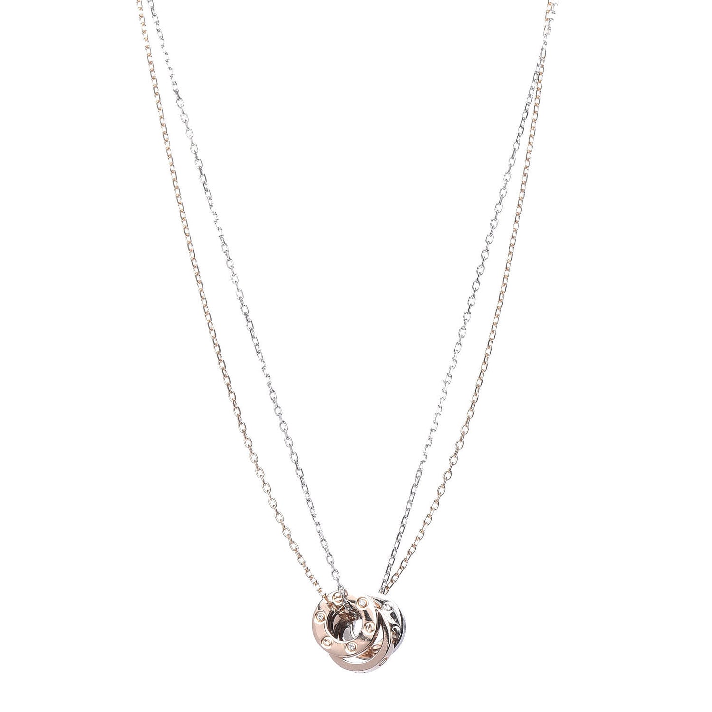 18K White Pink Gold Diamond Three Ring LOVE Pendant Necklace