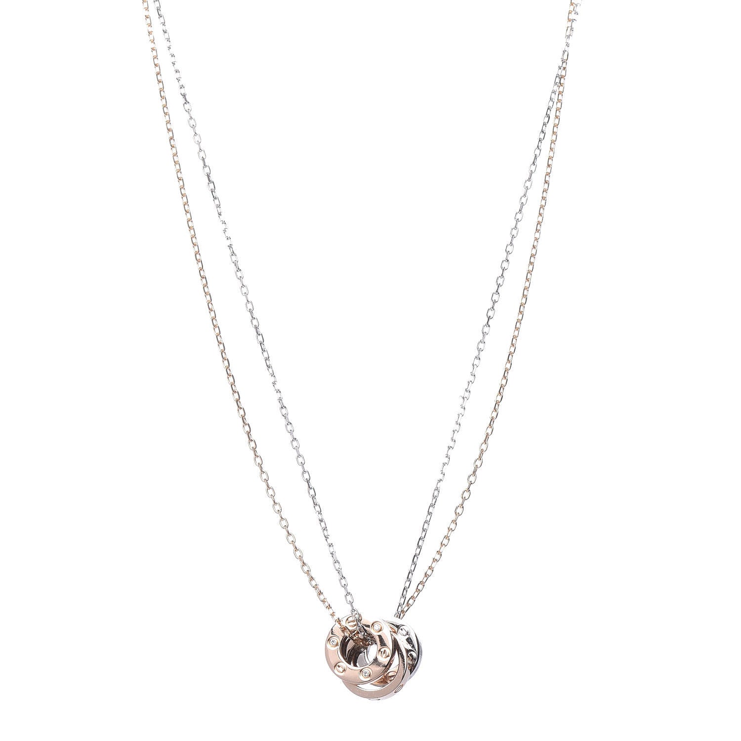 Cartier 18K White Pink Gold Diamond Three Ring LOVE Pendant Necklace 1 of 7