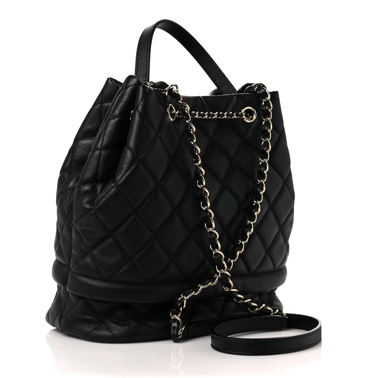 Caviar Quilted Large Rolled Up Bucket Drawstring Bag Black