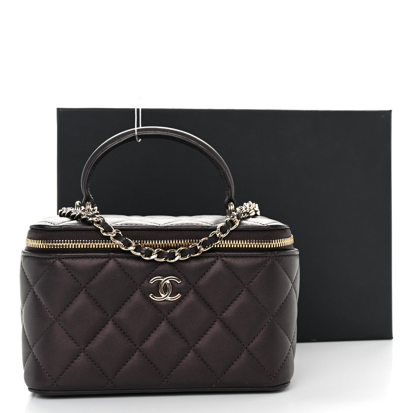 Iridescent Lambskin Quilted Small Top Handle Vanity Case With Chain Burgundy
