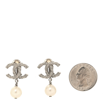 Chanel Pearl Crystal CC Drop Clip On Earrings Silver Pearly White 2 of 5